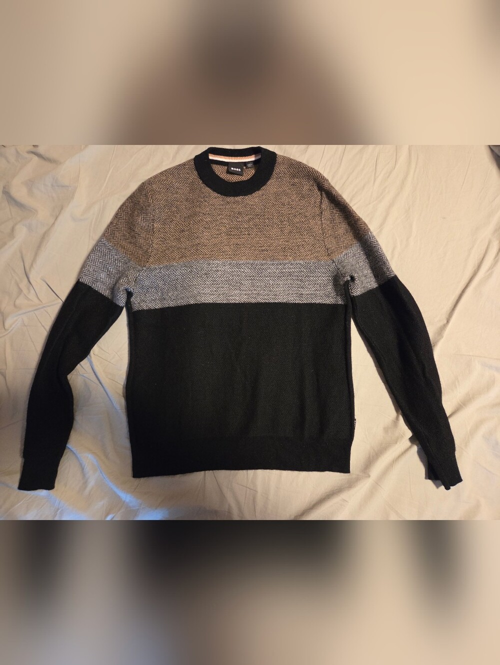 Hugo Boss Colorblock Crewneck Sweater in Black, Gray & Brown